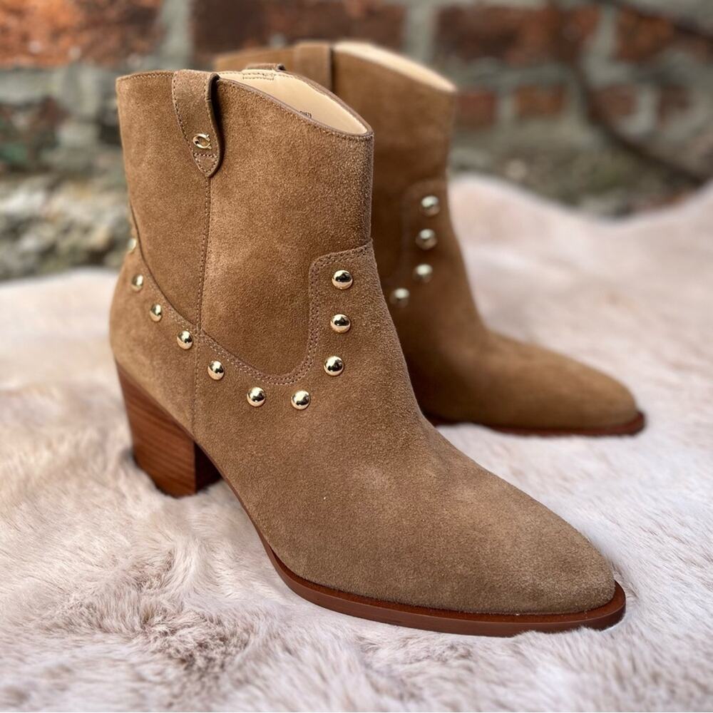 NEW Coach Womens Size 8.5 Paline Camel Brown Suede Studded Western Ankle Booties